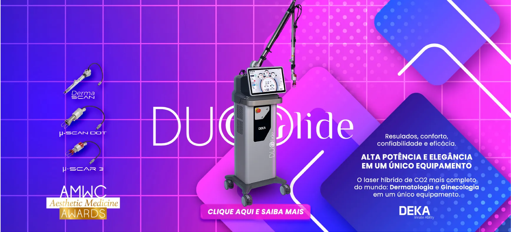 Banner DuoGlide da Premium Tech com tecnologia híbrida CO₂ e 1540 nm para rejuvenescimento e cicatrizes